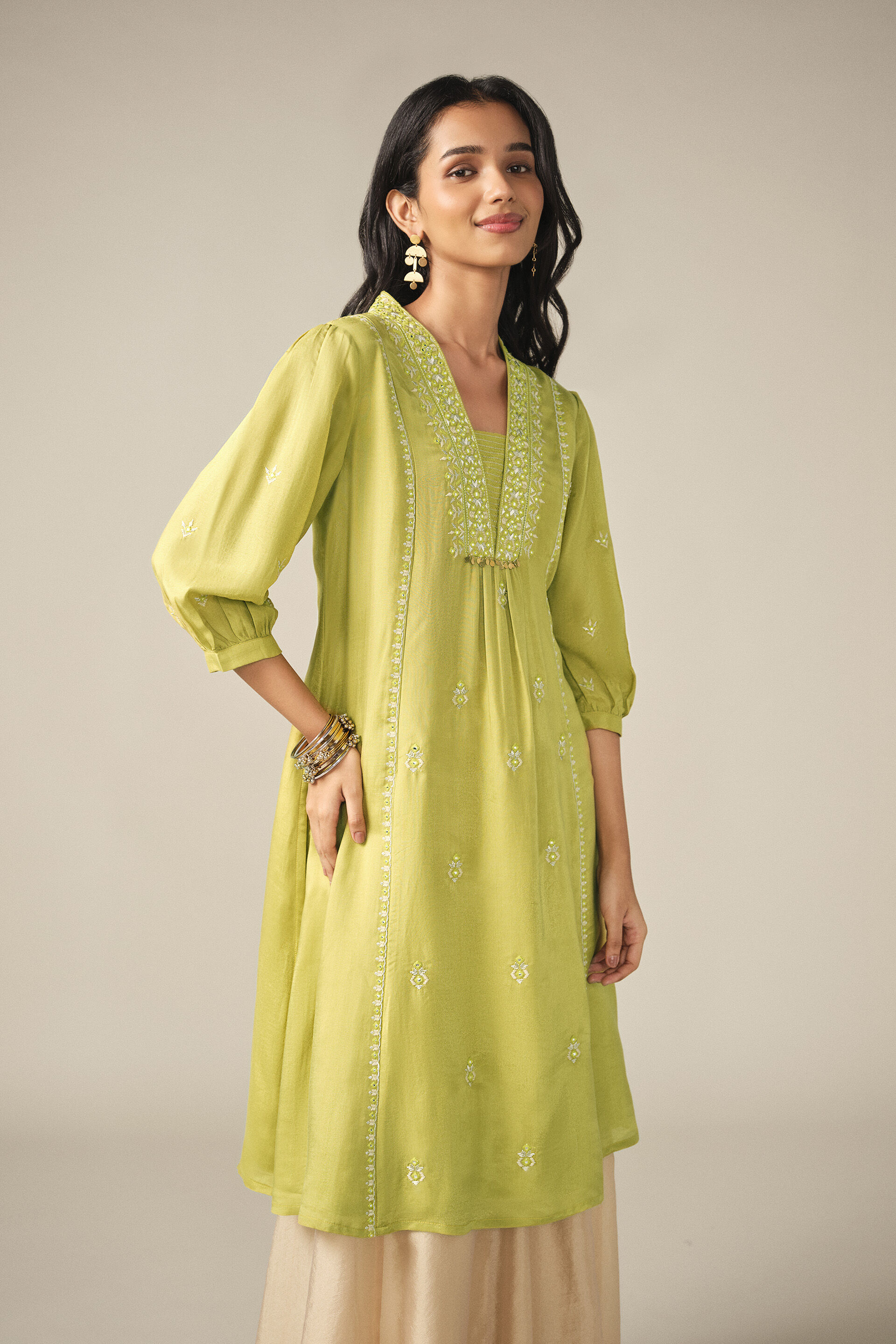 Embroidered A-line Kurta in Lime Green, Lime Green, image 3